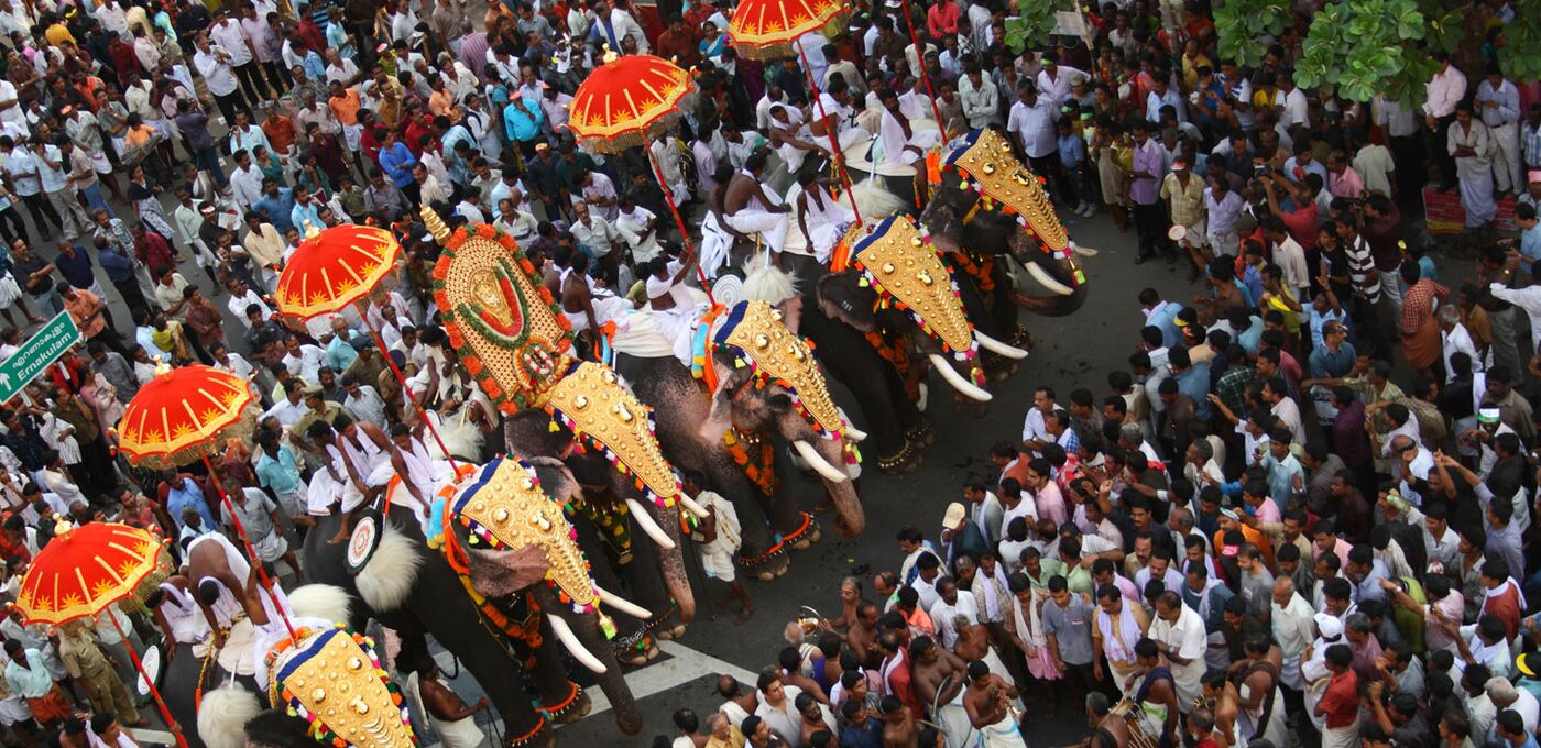 Vogelperspektive auf das Elefantenfest in Indien, mit geschmückten und in der Menschenmenge laufenden Elefanten