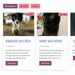 Listen-Ansicht der Tier-Anzeigen von verlorenen und gefundenen Tieren, filterbar